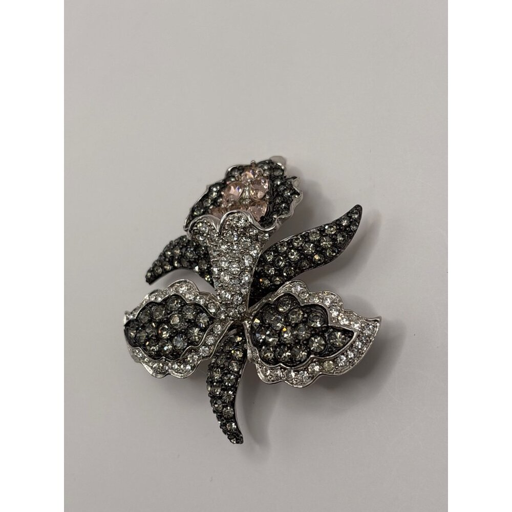 Nolan Miller Vintage Mythical Orchid Brooch Pin Black Pink Clear Rhinestones - Picture 2 of 7